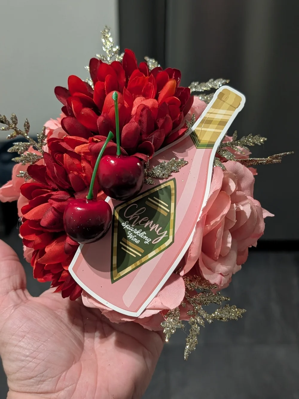 Cherry Accent Floral Hair Clip - Pink and Red
